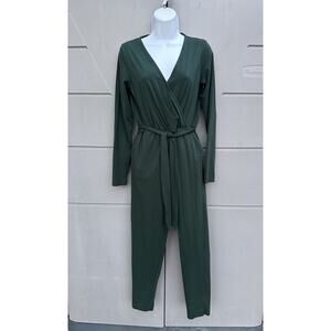 Pact Women’s Faux Wrap Jumpsuit Small Organic Cotton Blend Long Sleeve Green